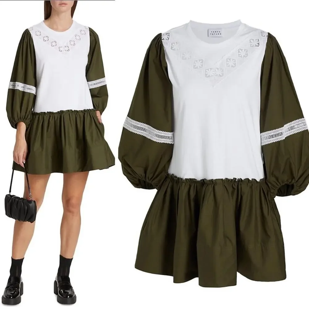 TANYA TAYLOR Kirstie Puff-Sleeve Drop-Waist Mini Dress Olive Green Size XS NEW